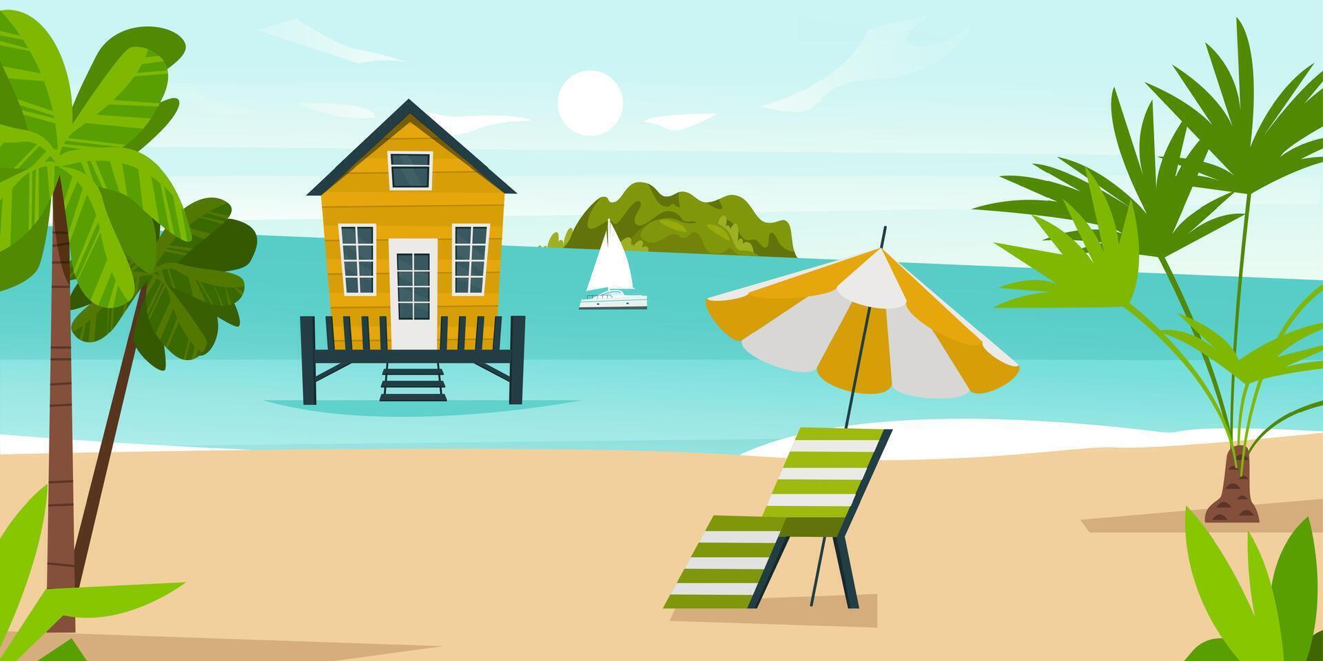 Tropical landscape featuring soft sand, clear water, swaying palm trees, a cozy beach chair, and a vibrant beach umbrella, all illustrating an idyllic paradise hotel in a playful cartoon style vector