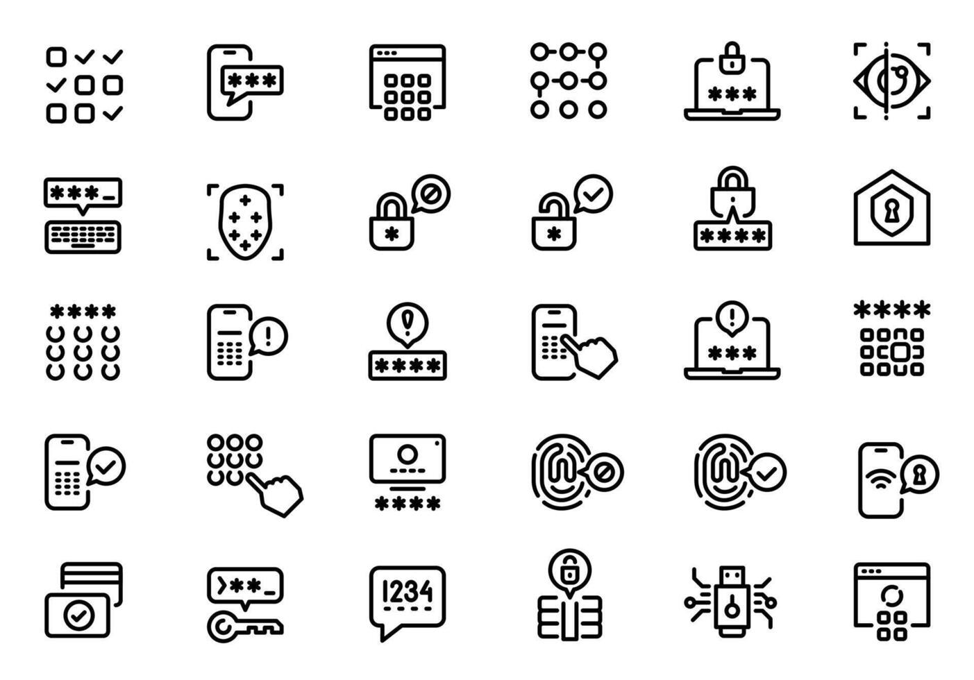 Set of password and security line icons illustrating various user authentication methods like typing passwords, using pin codes, and biometric scans, emphasizing data protection vector
