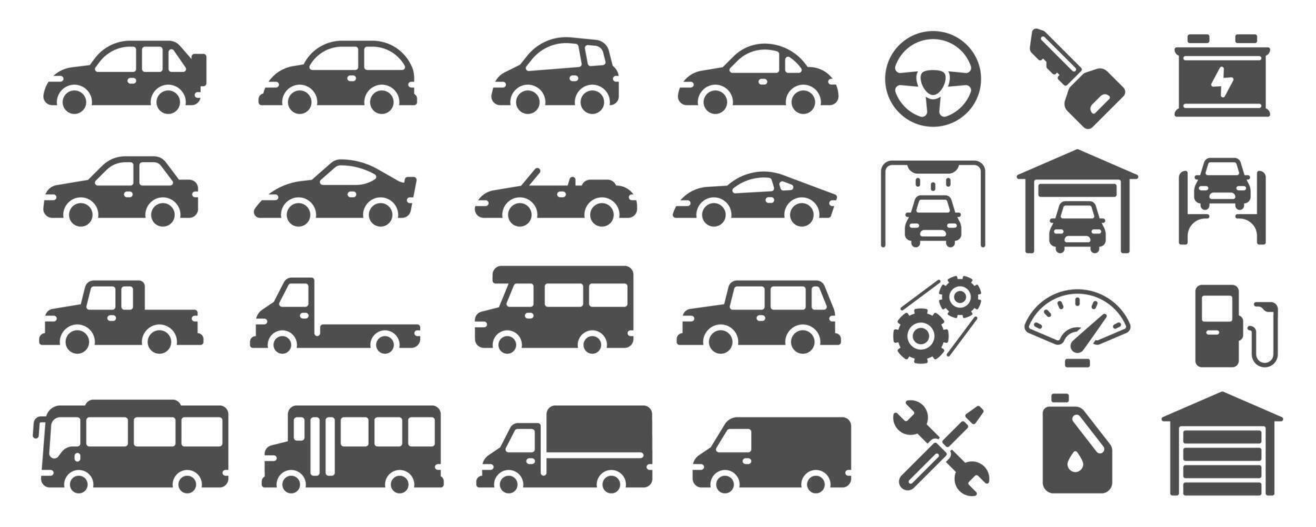 Different vehicle icons are displayed, including cars, trucks, buses, and vans, alongside maintenance symbols such as steering wheel, key, battery, car wash, garage, and tools vector