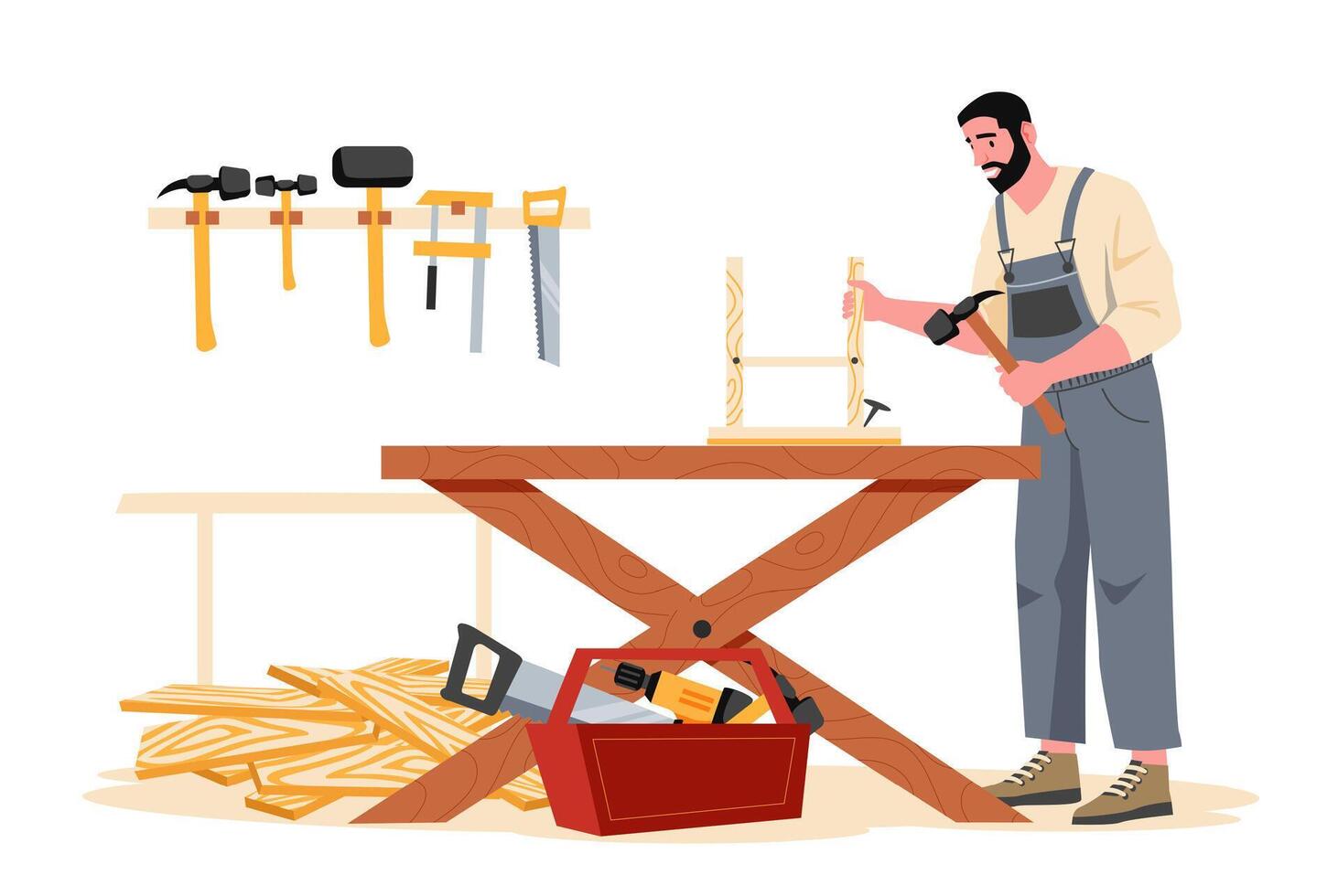 Carpenter working diligently in a workshop, crafting furniture with wood and hammer, utilizing various tools on the workbench for skilled carpentry and manufacturing tasks vector