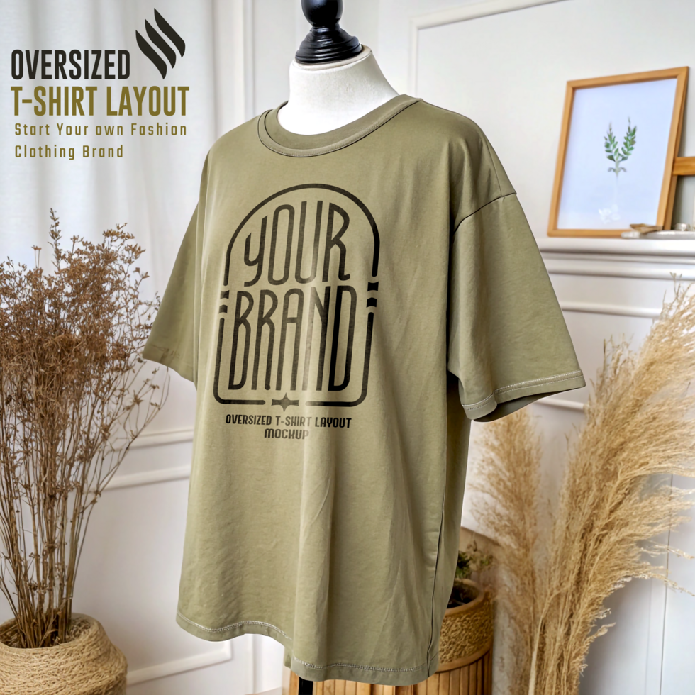 Faded Olive Realistic Oversized Crewneck Tee Mockup psd