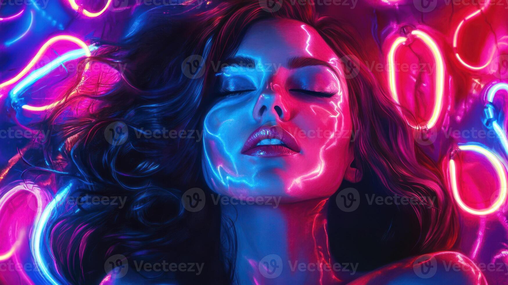 Woman's Face Illuminated by Neon Lights. photo