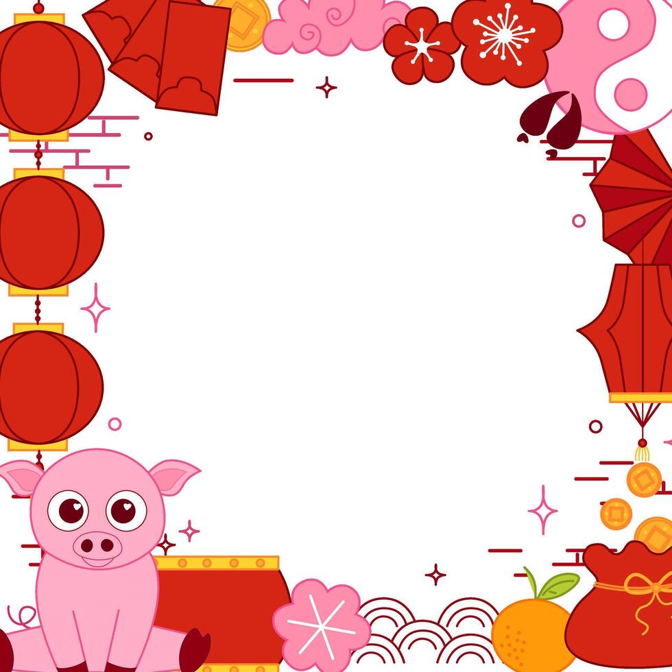 Classic Chinese elements 2031 pig lunar lantern festival CNY graphic line style square frame scroll board decoration vector