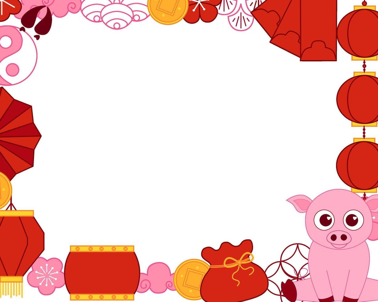 Lantern festival rectangle frame template with lanterns pig 2031 chinese elements. illustration for banner, flyers, posters, greeting cards, invitation. vector
