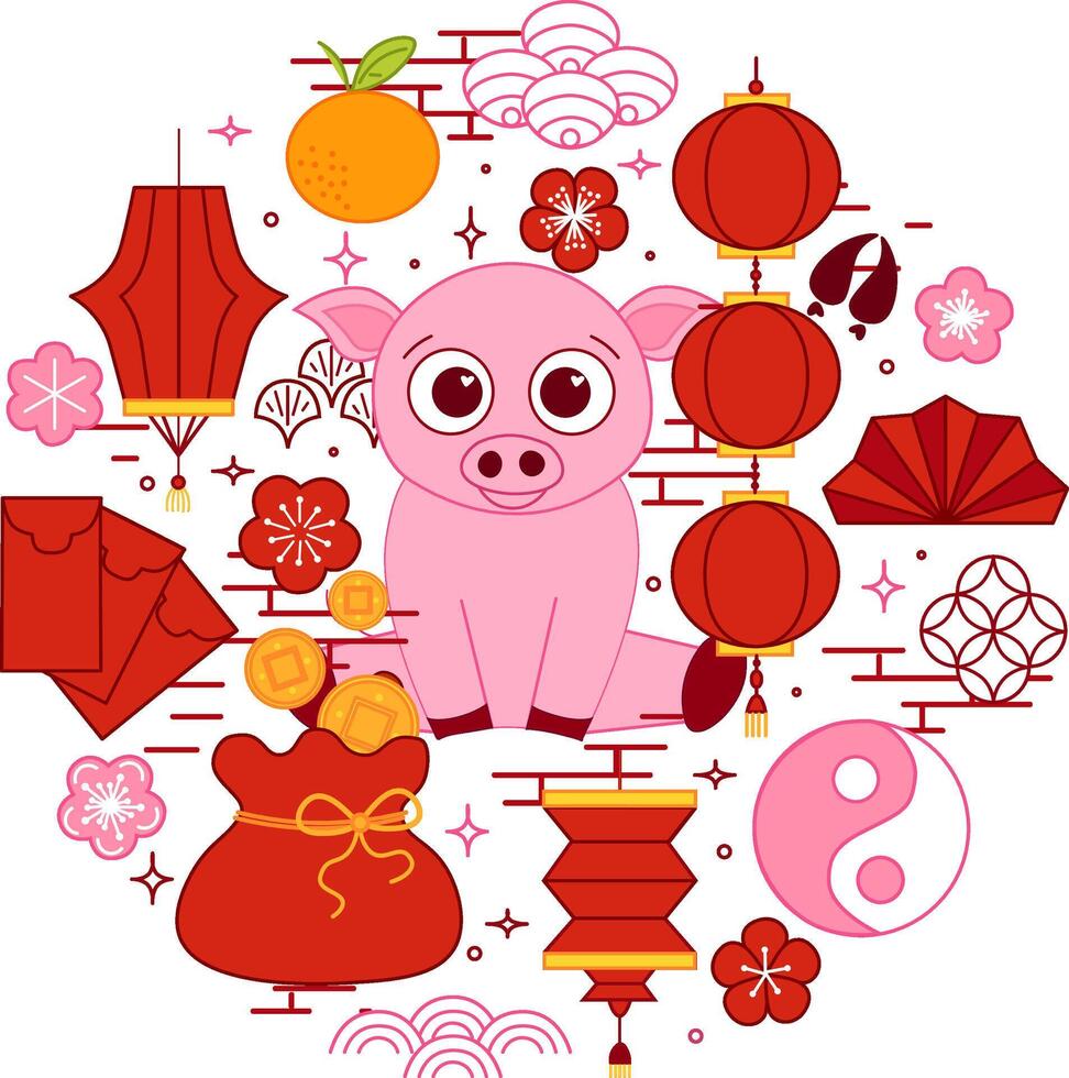 CNY pig 2031 circle round composition typographic illustration of chinese new year traditional elements. graphic line illustration on transparent background vector