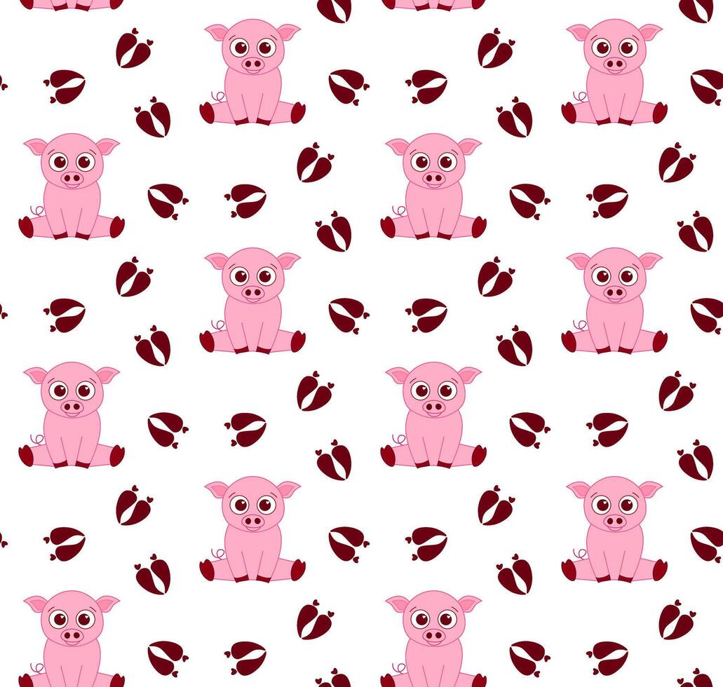 Seamless pattern with cute cartoon pigs and footsteps isolated on pink background vector