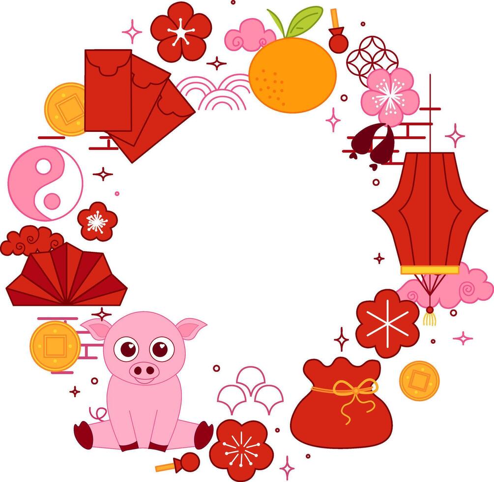 chinese new year 2031 pig circle round frame traditional decoration. border, frame, window. asia, oriental, japan, korea, clip art set. retro graphic, pattern, ornament. vector