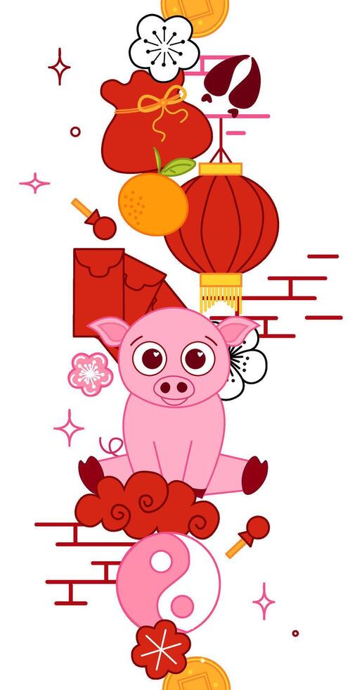Chinese new year 2031 Decorations with cute pig, lantern elements, clouds, fan, pattern, and transparent background seamless vertical border. Suitable for use as cards, design, wallpaper vector