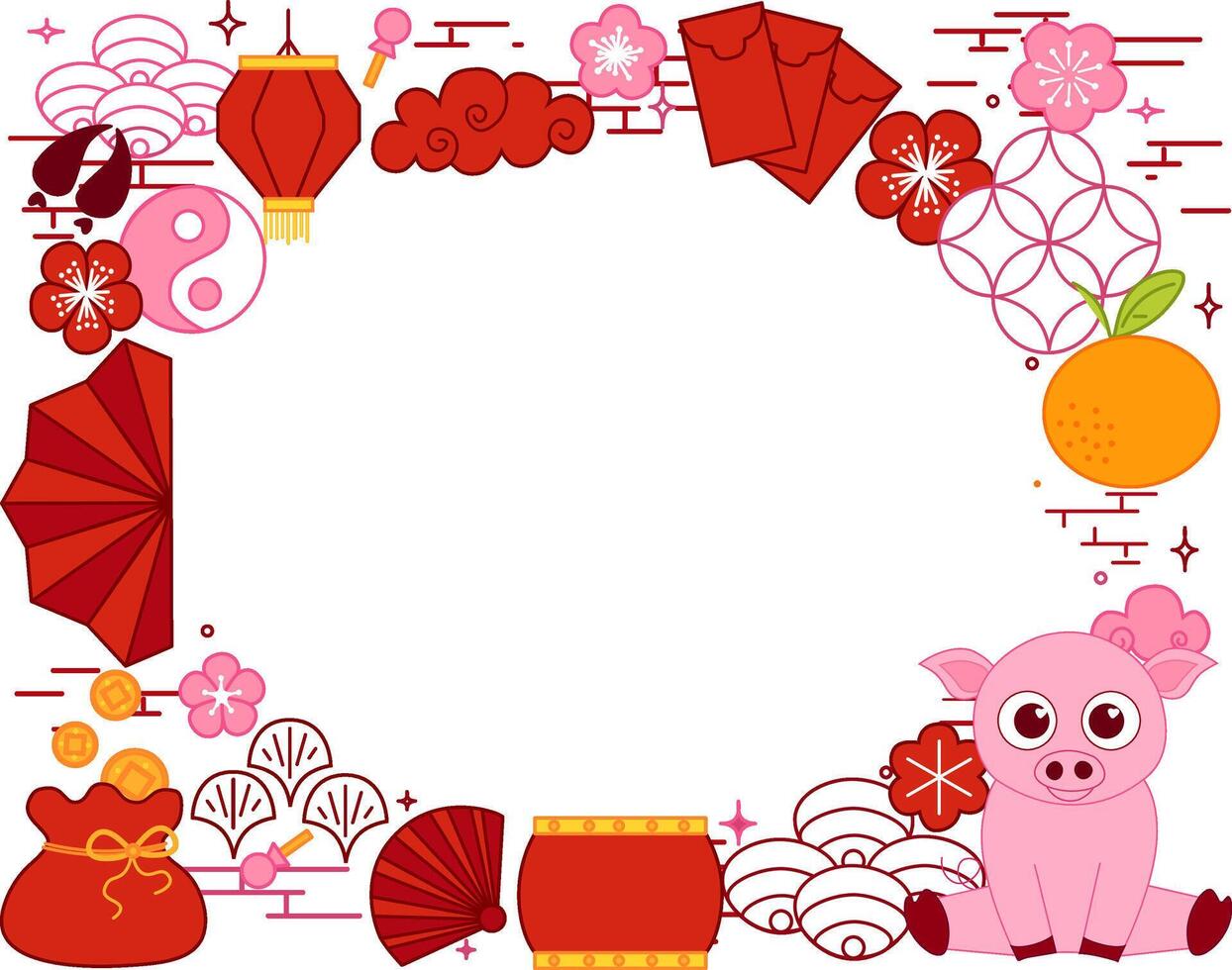 Chinese new year 2031 pig. Lunar lantern festival banner with oval place for show product. Greeting card. China frame with lantern graphic line vector