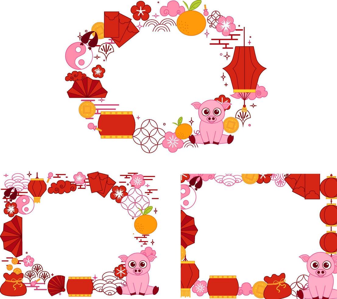 CNY Lantern festival of pig 2031 oval frame set with chinese traditional elements and horse. graphic line template set on transparent background vector