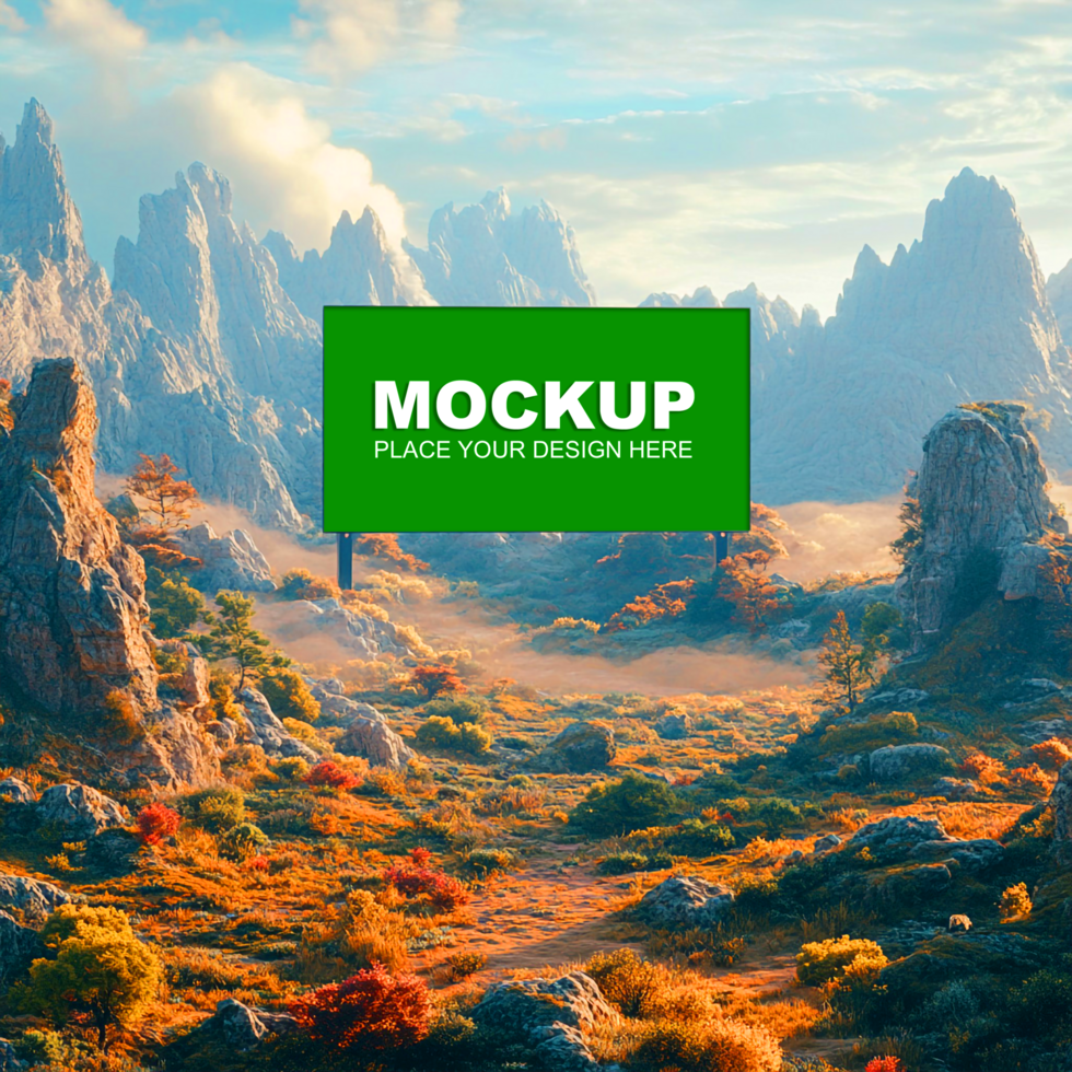 mountain landscape with a green sign mockup psd