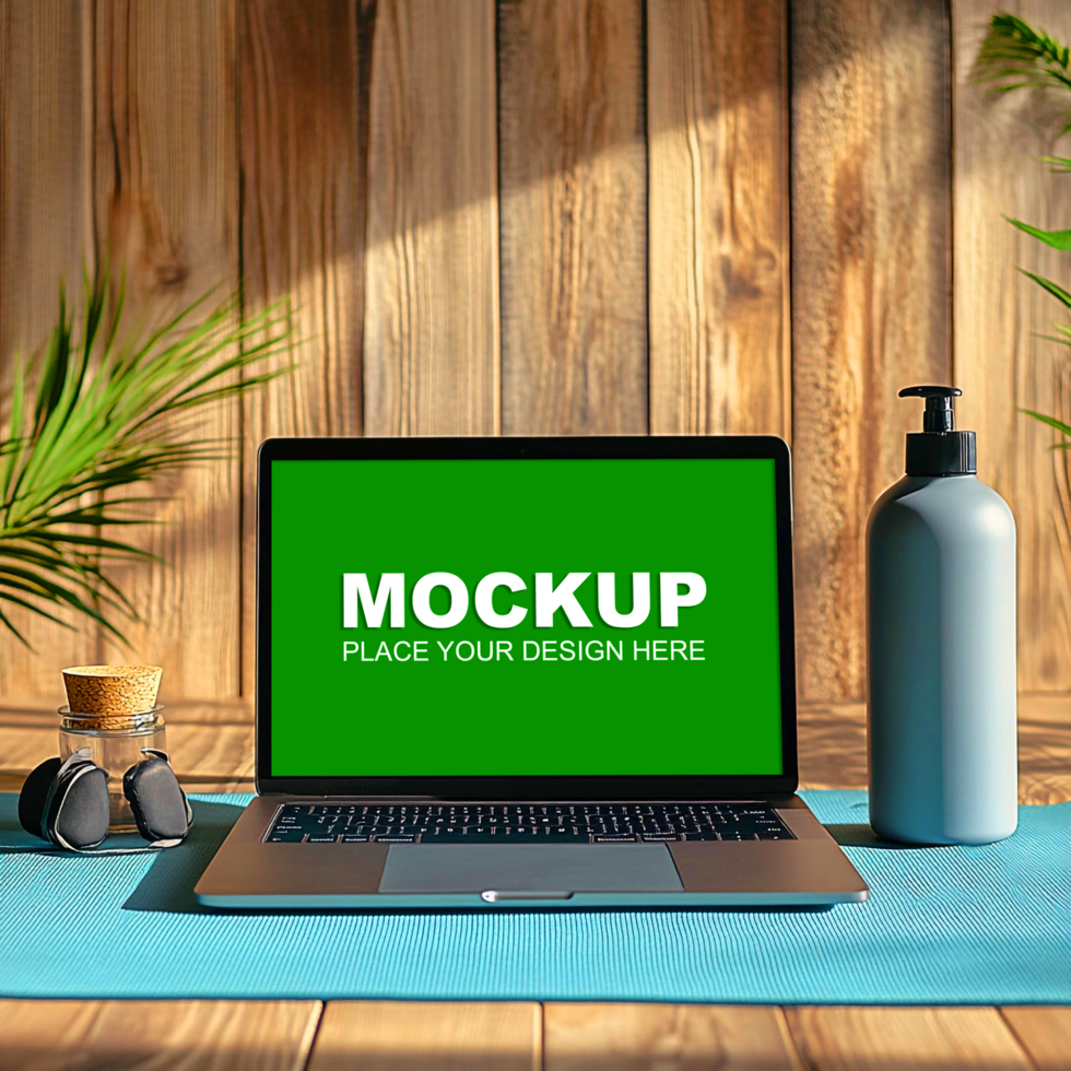 laptop mockup on wooden table psd