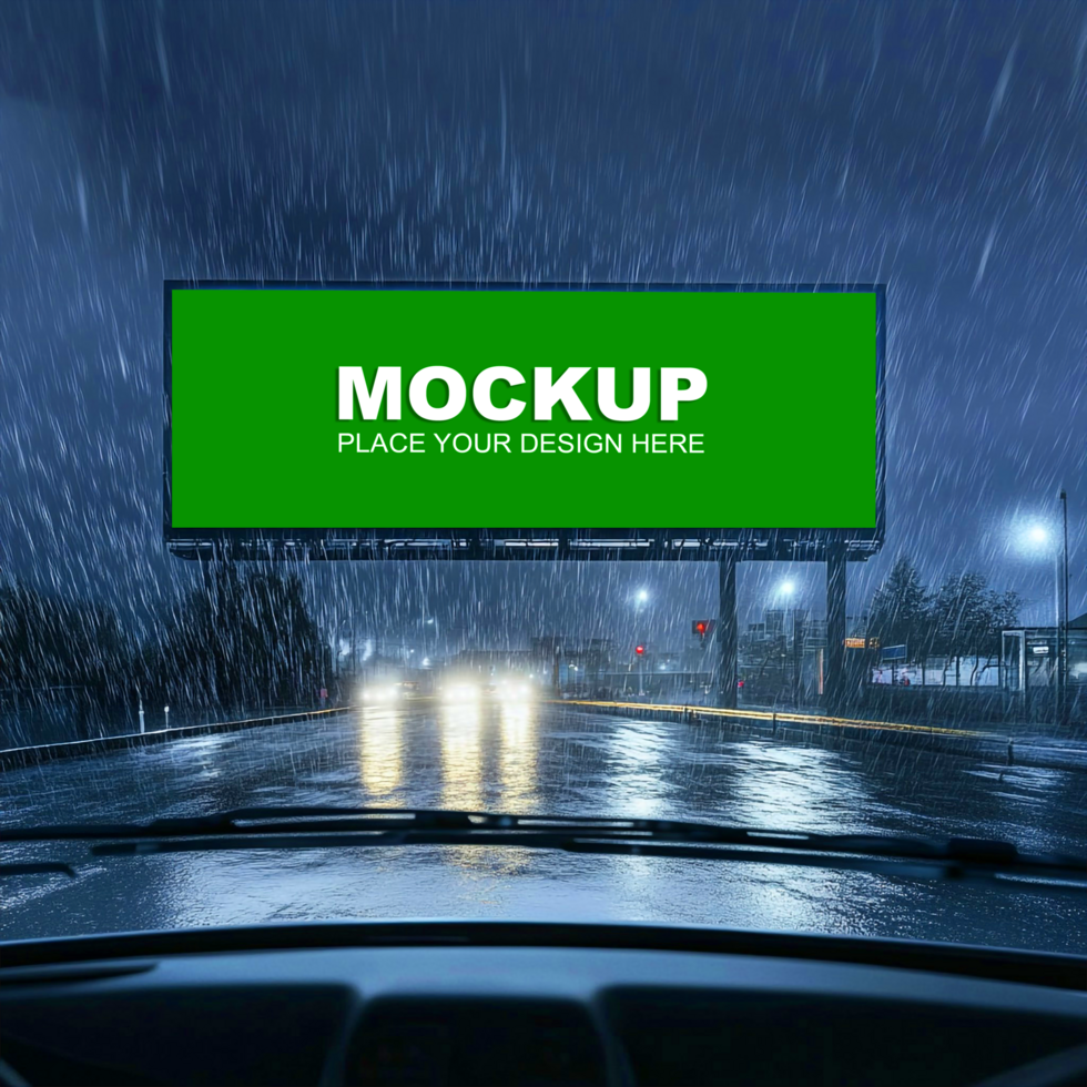 car driving in the rain with a billboard mockup psd