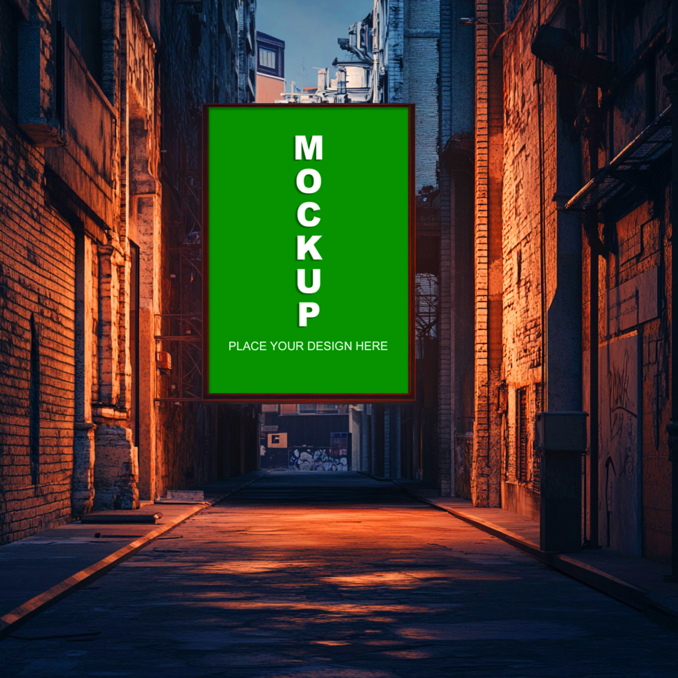 an alleyway with a green sign on it psd