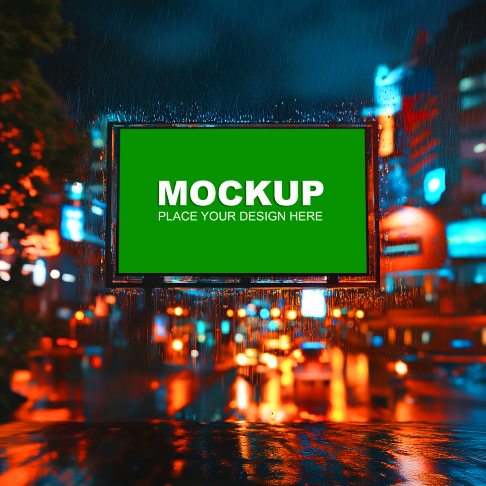 mockup of a billboard on a rainy night in the city psd