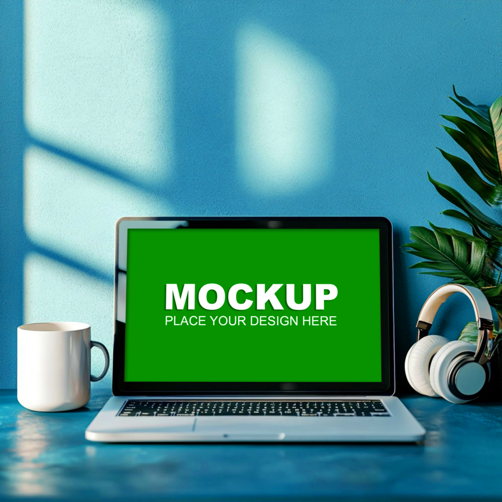 laptop mockup on a blue table psd