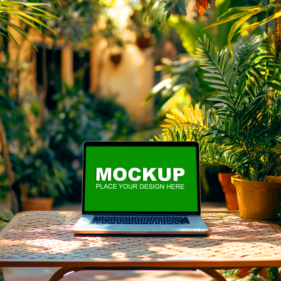 laptop mockup on table on the garden psd
