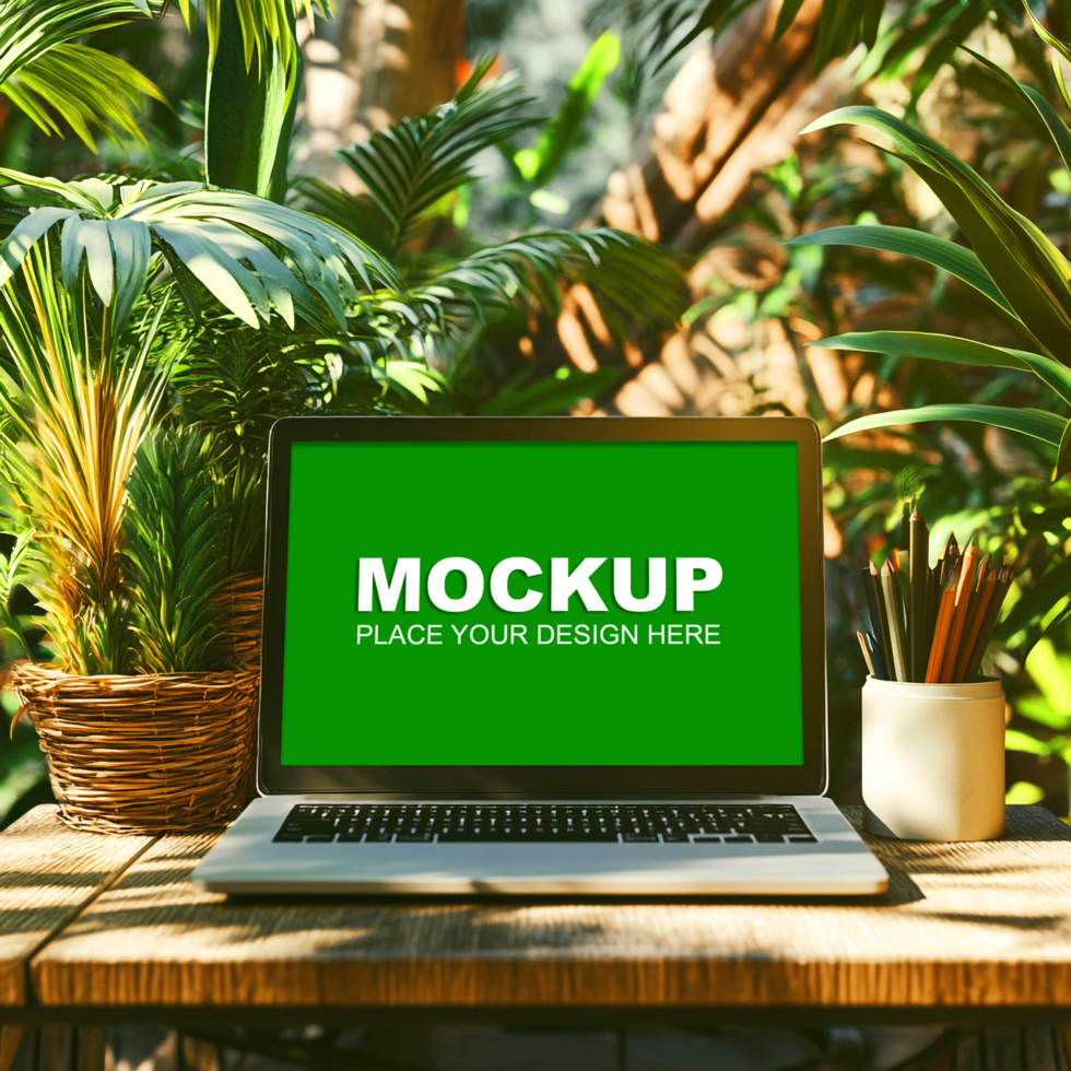laptop mockup over table with plants psd