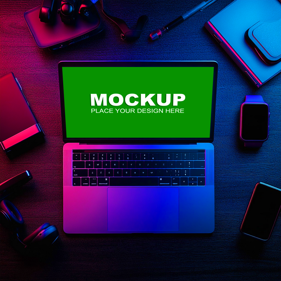 laptop mockup on a desk with headphones and other accessories psd