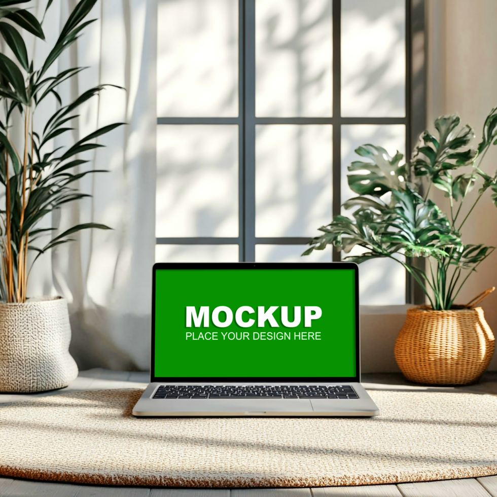 laptop mockup on a rug in front of a window psd