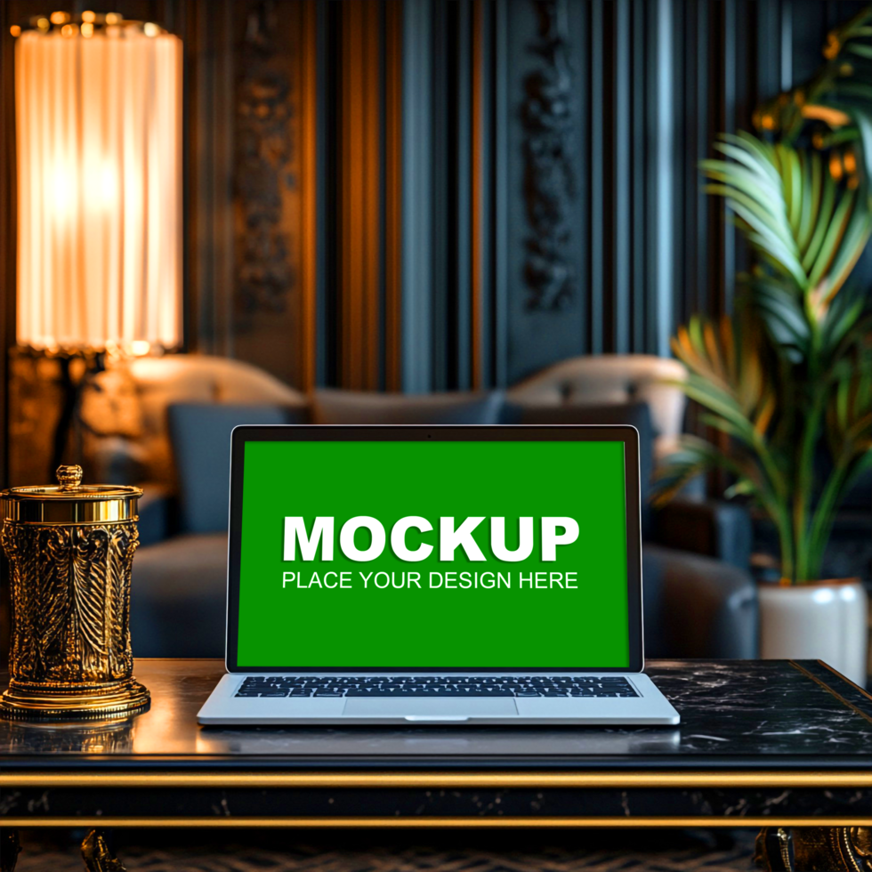 laptop mockup on a table in a luxury hotel psd