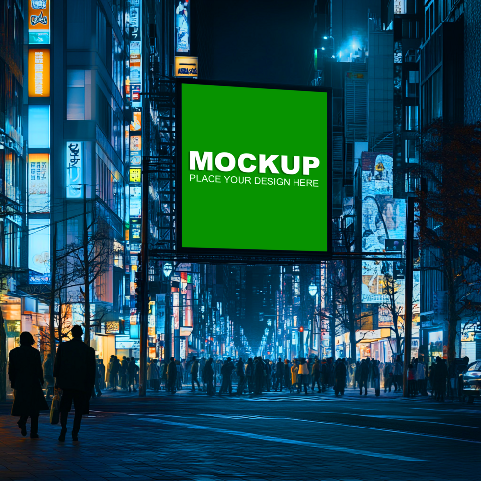people walking on the street at night with a green billboard mockup psd