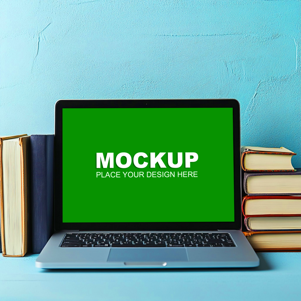 laptop mockup on books psd
