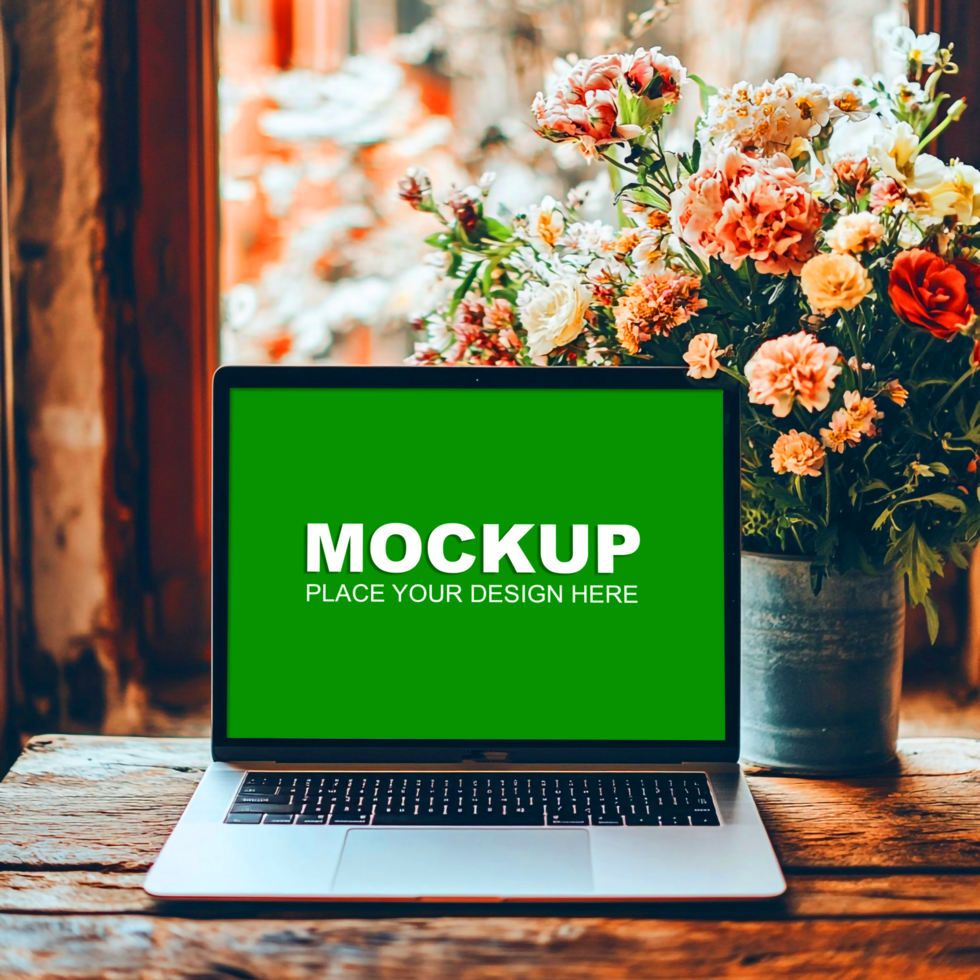 laptop mockup on a wooden table with flowers psd