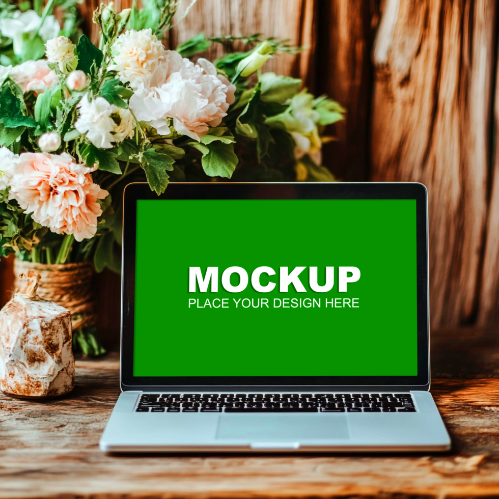 laptop mockup on table with rose flowers psd