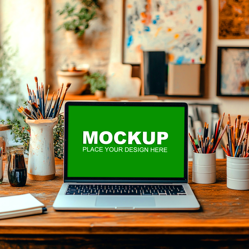 laptop mockup on a wooden desk psd