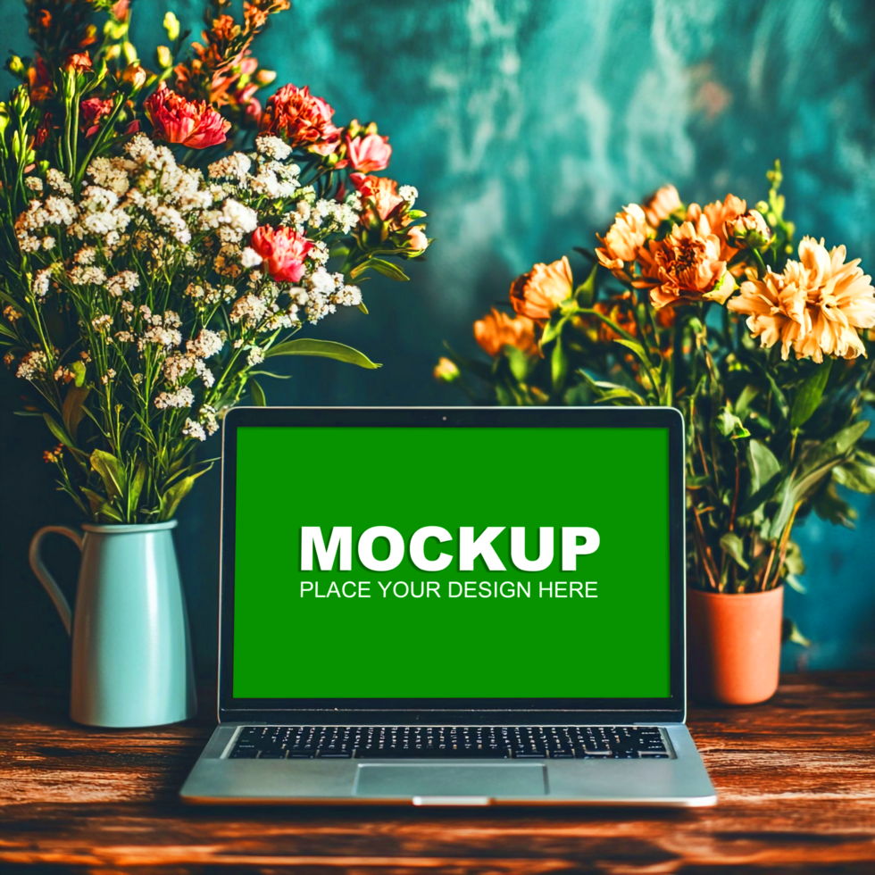 laptop mockup on a wooden table with flowers pot psd