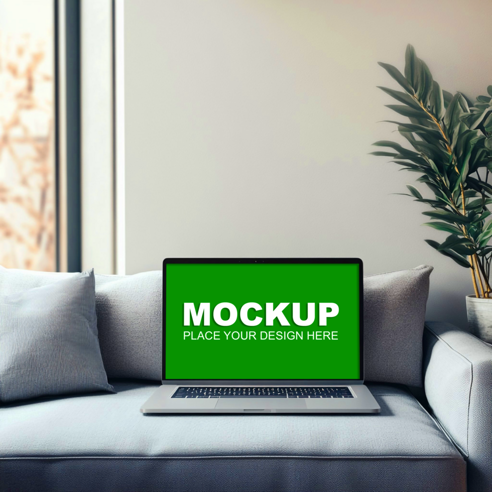mockup of a laptop on a couch in a living room psd