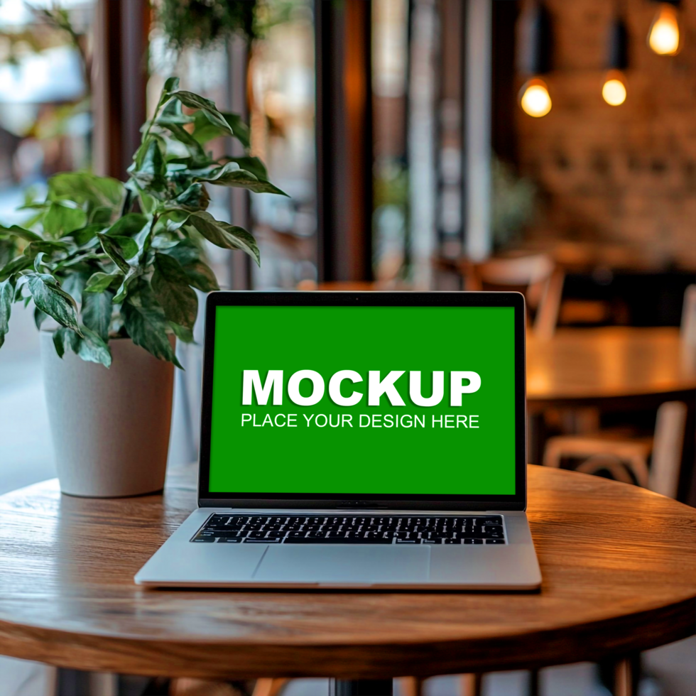 laptop mockup on a wooden table with bokeh background psd
