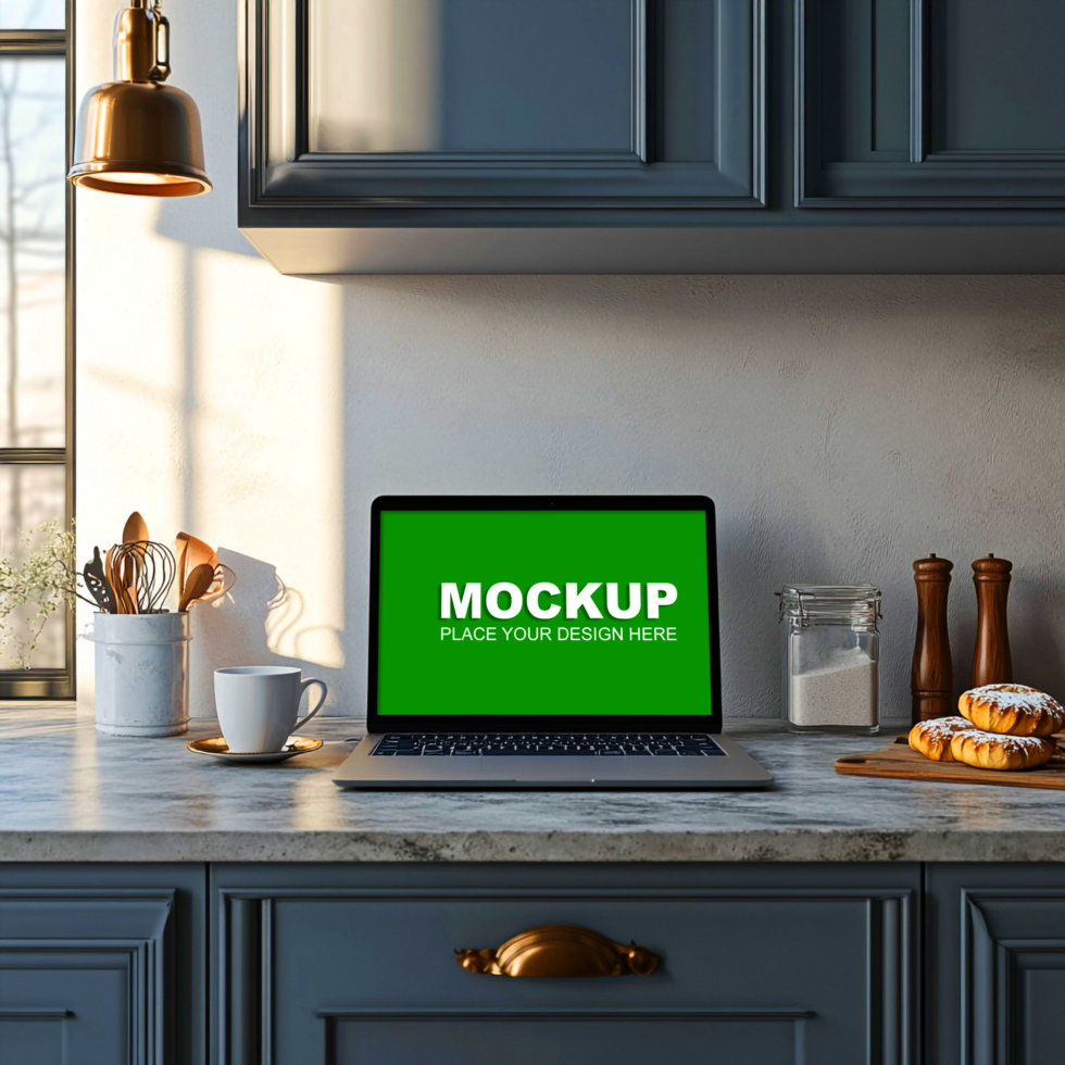 laptop mockup on kitchen counter psd