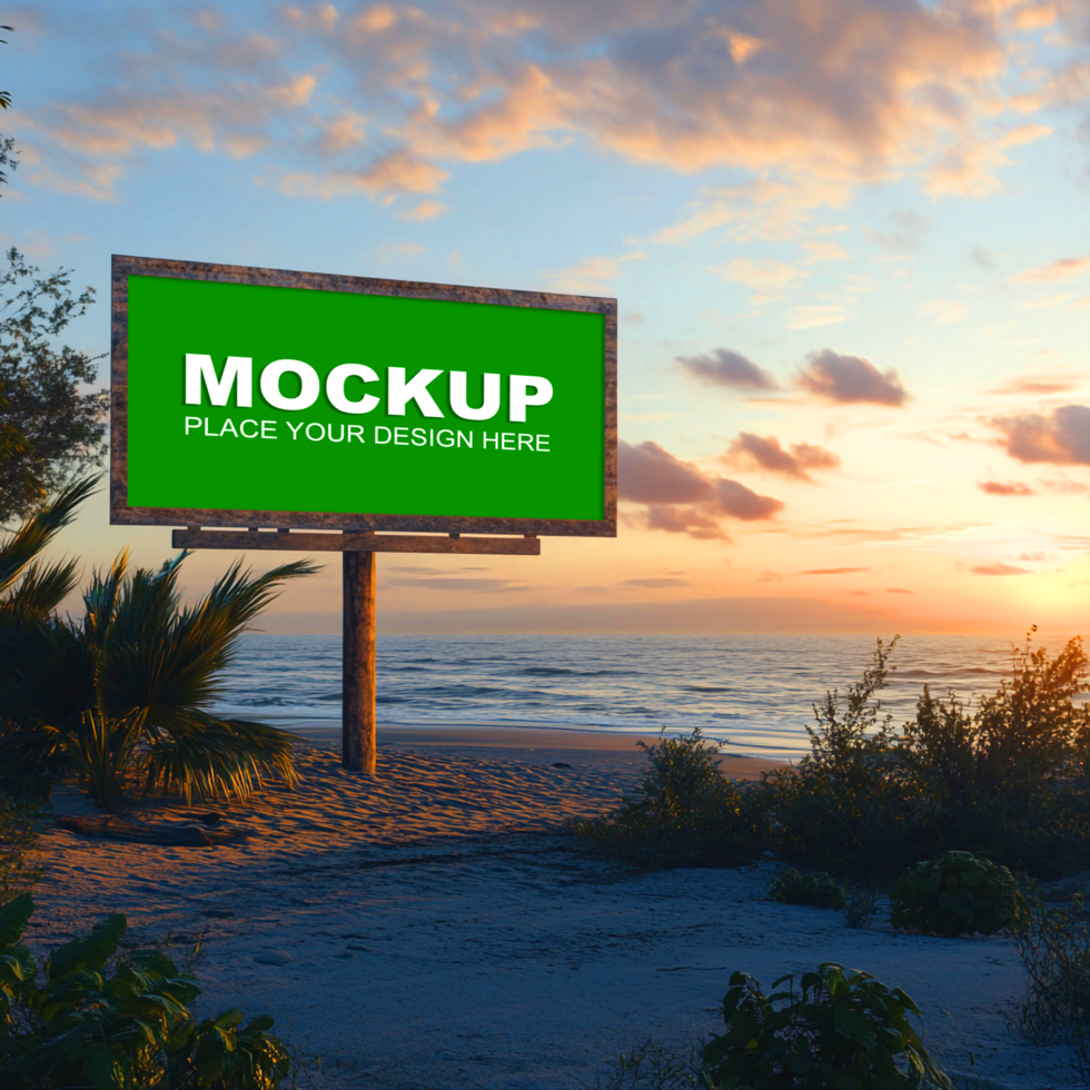 mockup of a billboard on the beach at sunset psd