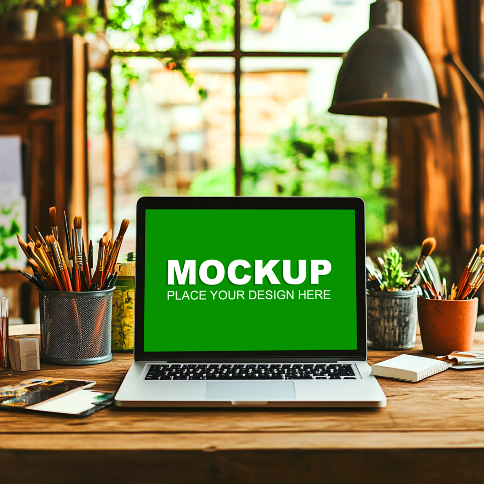 laptop mockup on wooden desk psd