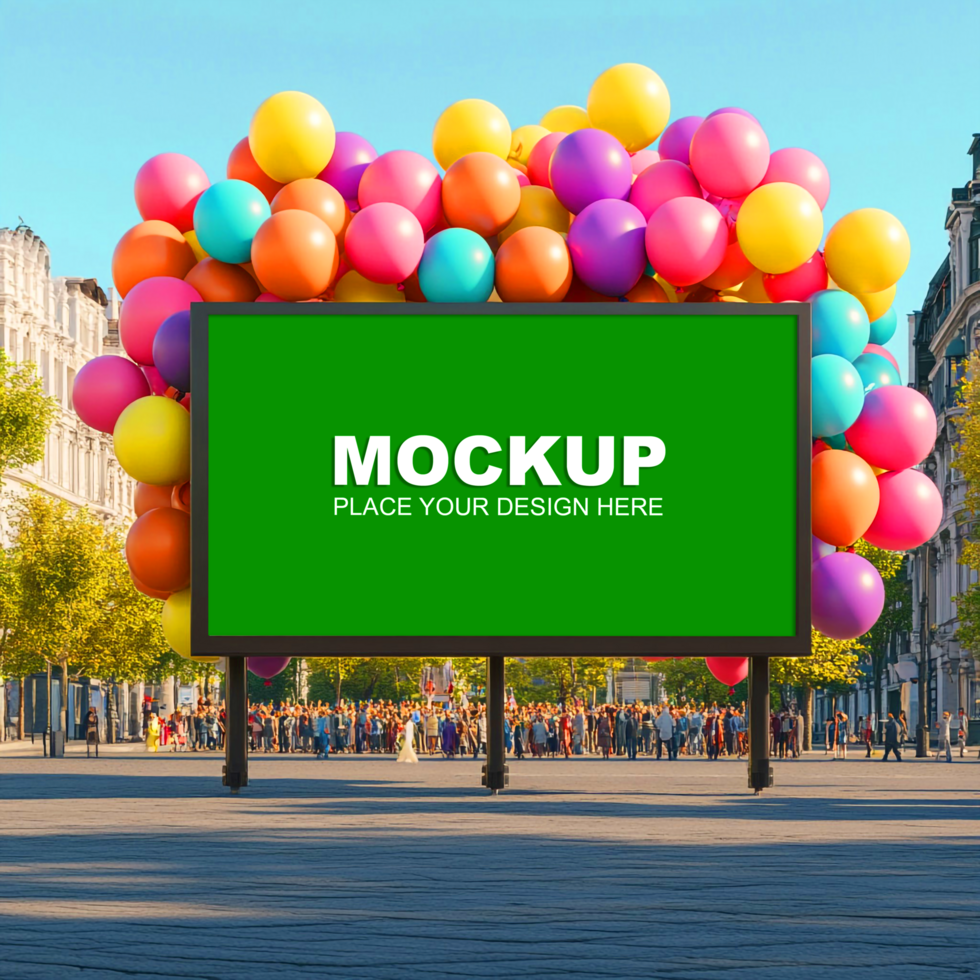 mockup billboard with colorful balloons psd