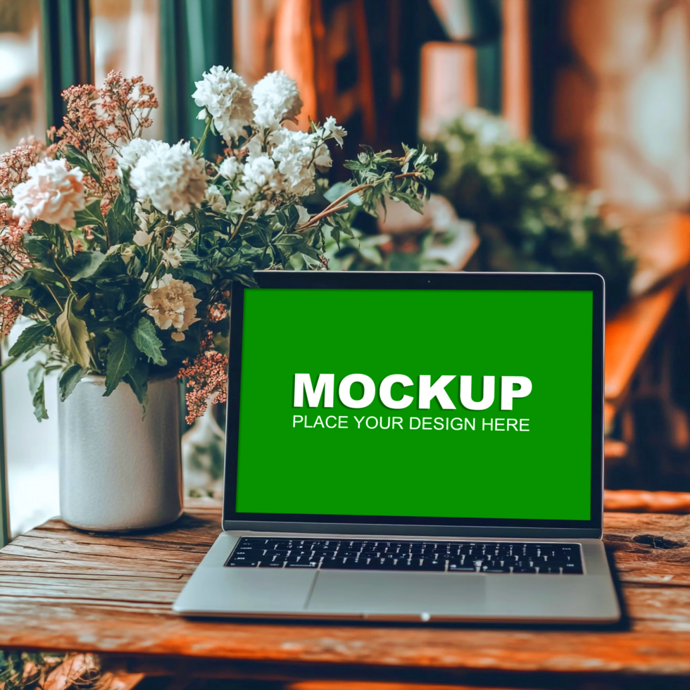 a laptop mockup over wooden table with flower pot psd