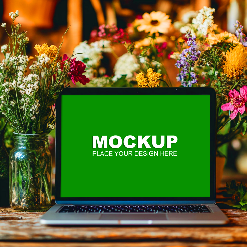 laptop mockup on a wooden table with flower bouquet psd