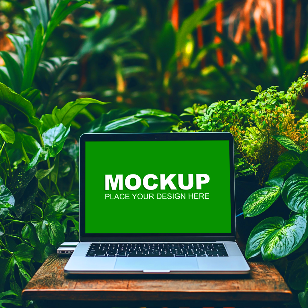laptop mockup on a wooden table with green screen psd