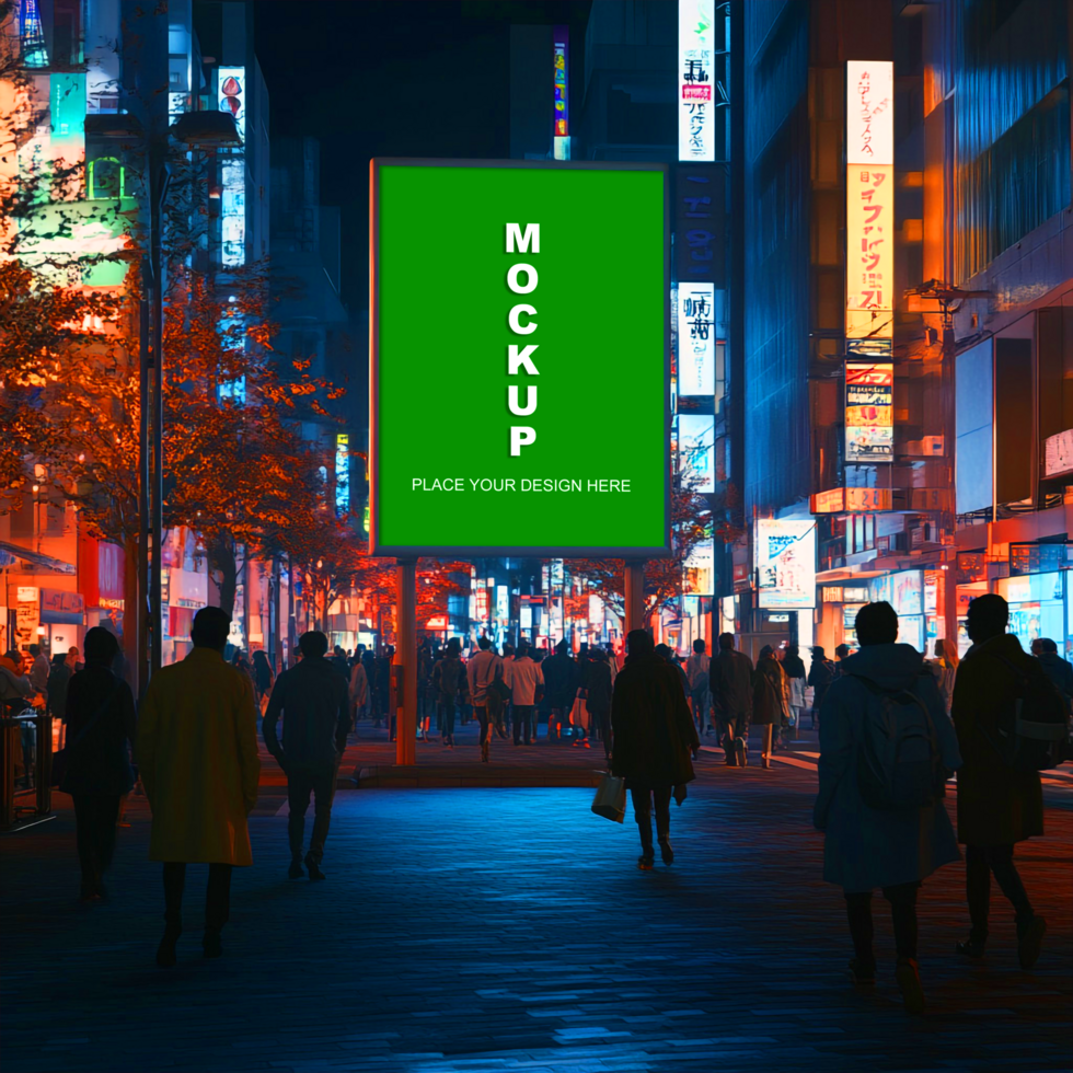 people walking down a street at night with a billboard mockup psd