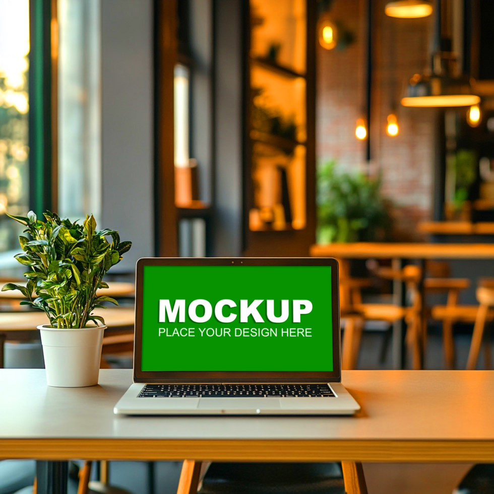 laptop mockup on table in cafe indoor psd