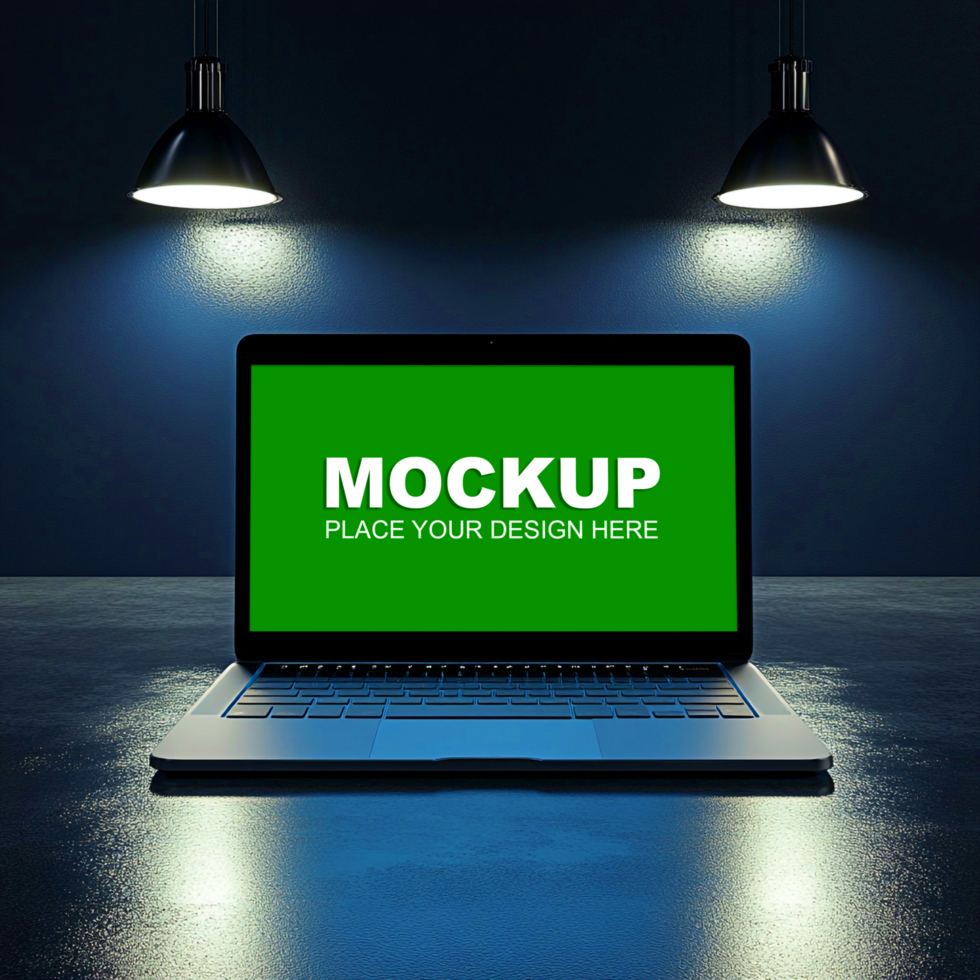 laptop mockup with green screen on dark table psd