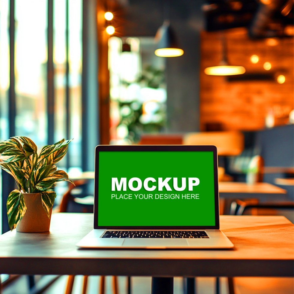 laptop mockup on a table in a cafe outdoor psd
