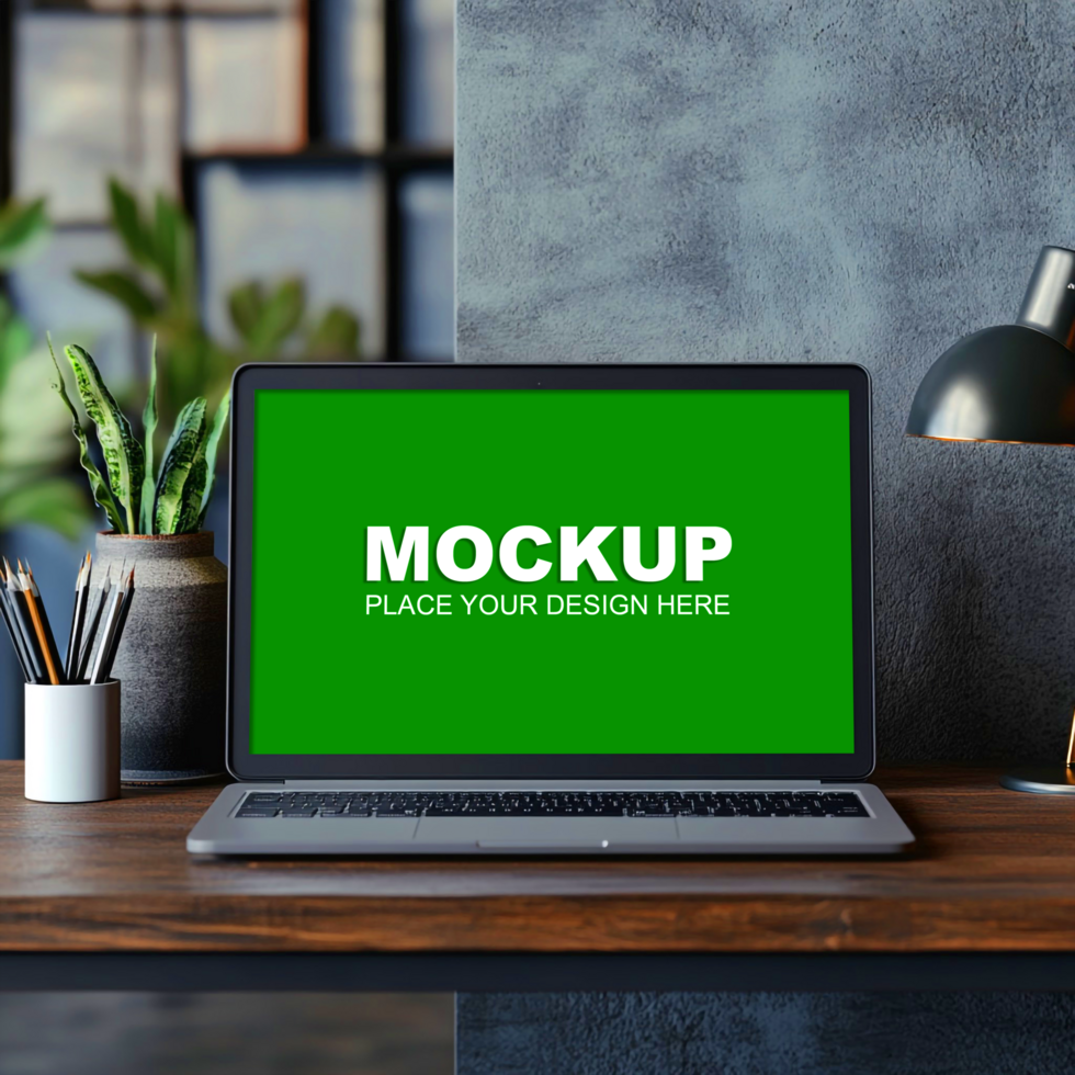laptop mockup on wooden desk over grey background psd