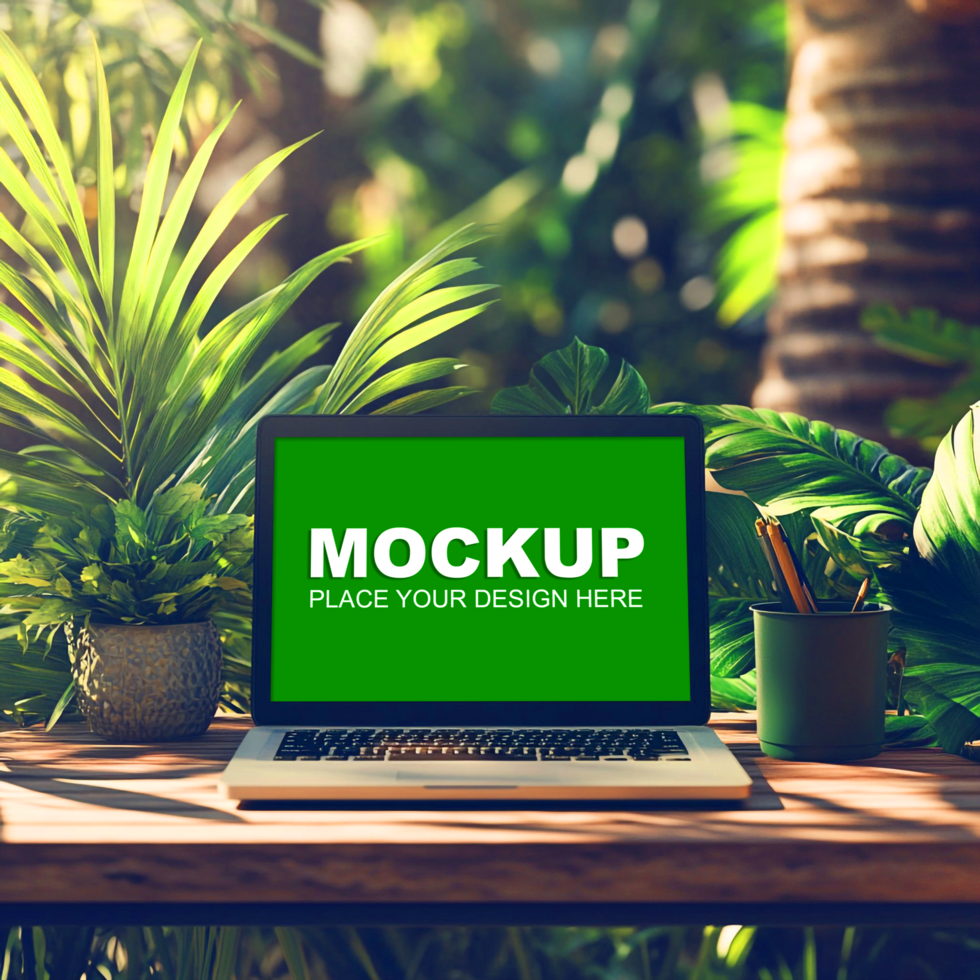 a laptop mockup on a wooden table with tropical plants psd
