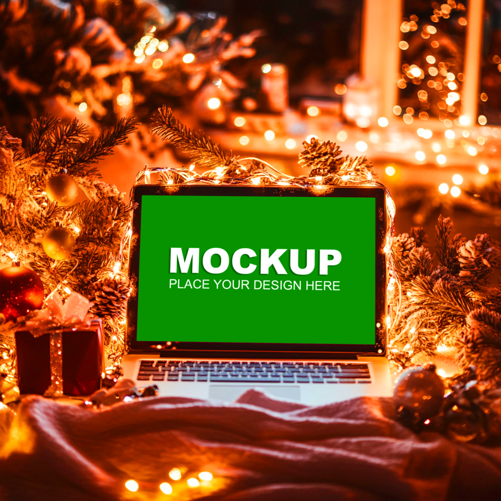 laptop mockup with christmas lights and presents psd