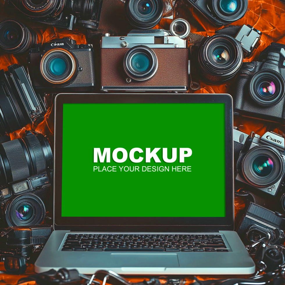 laptop with green screen mockup on a table with cameras psd