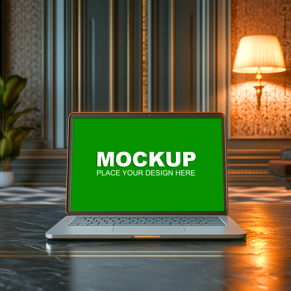 laptop mockup on a table in hotel lobby psd