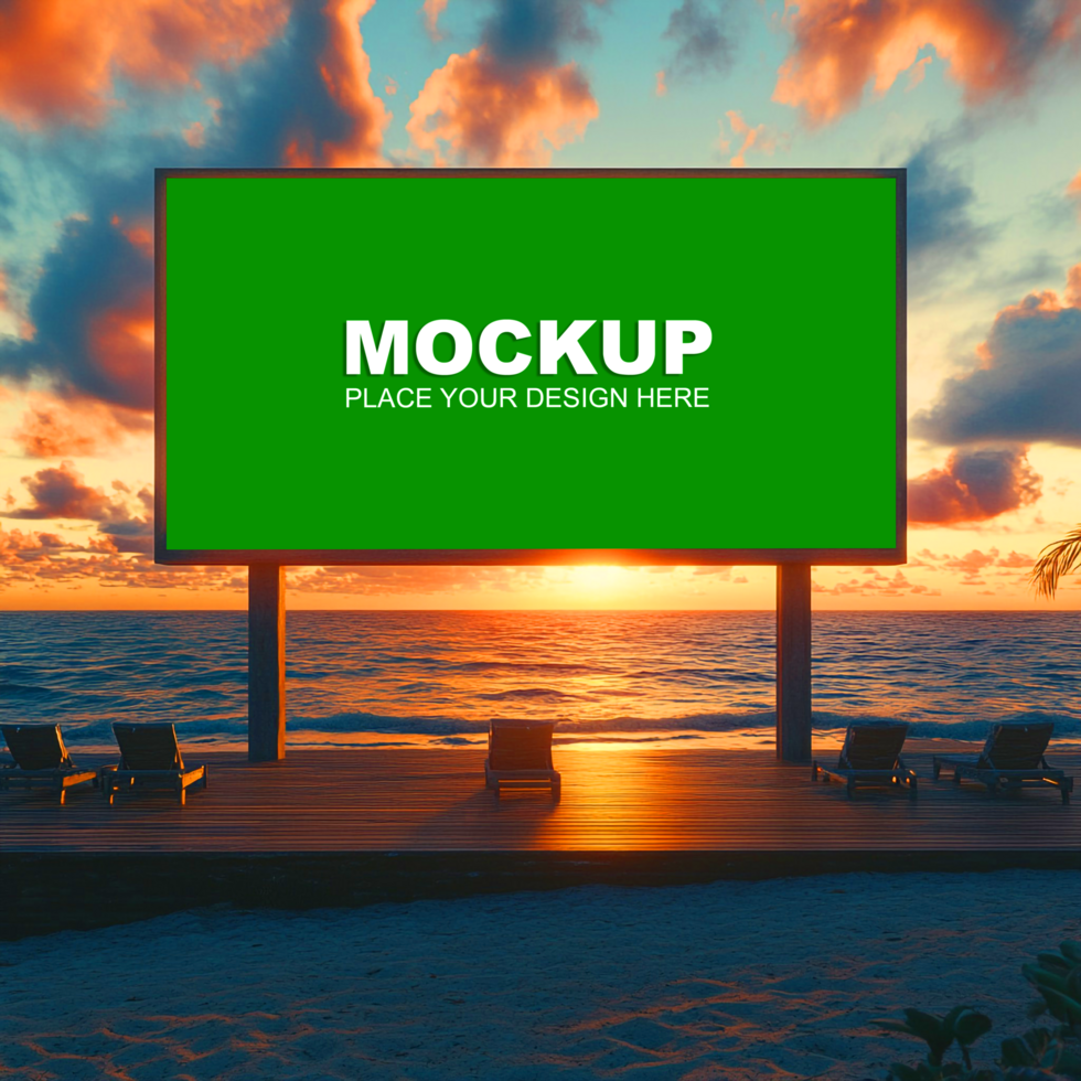 a mockup of a billboard on the beach at sunset psd